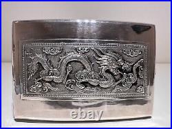 Vintage China Hand Made Silver Plated Cigarettes Case Box With Silver Dragon