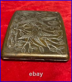 Vintage Cigarette case concave brass engraved bird scene