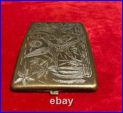 Vintage Cigarette case concave brass engraved bird scene