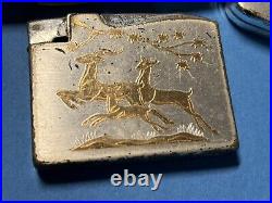 Vintage Elgin American Cigarette Case Lighter Gold Silver Jumping Deer Scene