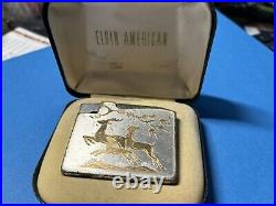 Vintage Elgin American Cigarette Case Lighter Gold Silver Jumping Deer Scene