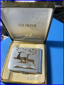 Vintage Elgin American Cigarette Case Lighter Gold Silver Jumping Deer Scene