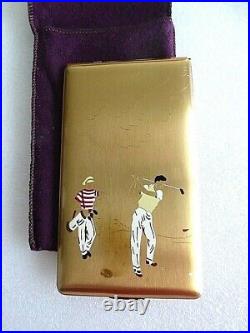 Vintage Elgin Enamel Golfer cigarette case, name card box Compact Wallet w pouch