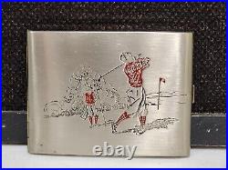 Vintage Evans Silver Metal Cigarette Case RED ENAMEL GOLFERS GOLF SCENE