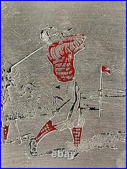 Vintage Evans Silver Metal Cigarette Case RED ENAMEL GOLFERS GOLF SCENE