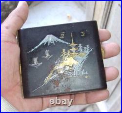 Vintage Japanese Iron Gold Silver Damascene Cigarette Case Komai