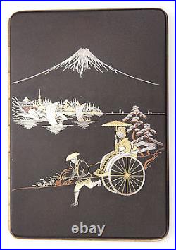 Vintage Japanese Iron Gold Silver Damascene Cigarette Case Komai Rickshaw Woman