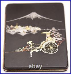 Vintage Japanese Iron Gold Silver Damascene Cigarette Case Komai Rickshaw Woman