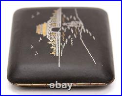 Vintage Japanese Iron Gold Silver Damascene Cigarette Case Korea Temple Komai