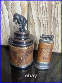 Vintage Table Lighter & Elephant Cigarette Case Can Brown Bigelow Park Sherman