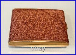 Vintage Unused Leather Covered Gold Tone Fancy Cigarette Card Holder Case