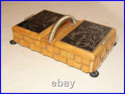 Vintage handmade wood sterling glass Folk Art smoking cigarette box case caddy