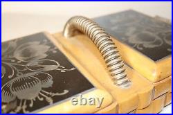 Vintage handmade wood sterling glass Folk Art smoking cigarette box case caddy