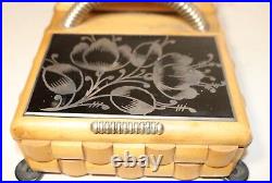 Vintage handmade wood sterling glass Folk Art smoking cigarette box case caddy