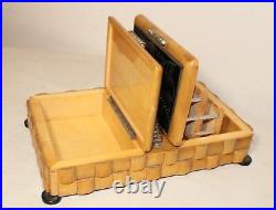 Vintage handmade wood sterling glass Folk Art smoking cigarette box case caddy