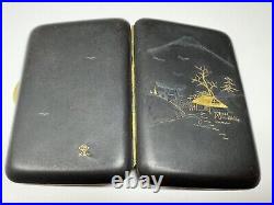 Vintage japanese damascene mount fuji silver & 24 kt inlaid small cigarette case