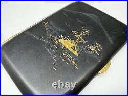 Vintage japanese damascene mount fuji silver & 24 kt inlaid small cigarette case