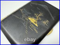 Vintage japanese damascene mount fuji silver & 24 kt inlaid small cigarette case