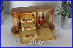 Vintage wood marquetry inlay cigarette case dispenser box music ballerina