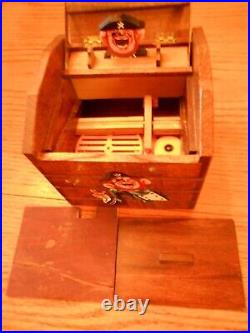 Vtg Hand-Painted Pirate Wood Treasure Chest Mechanical Cigarette Dispenser Works