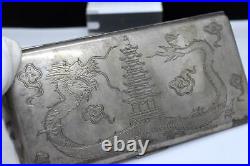 Vtg Signed E. C. Sterling Silver 935 Chased Chinese Dragon Motif Cigarette Case