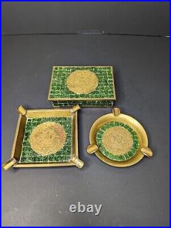 Vtg midcentury brass Mosaic glass tile Mexico cigarette box Aztec ashtray lot