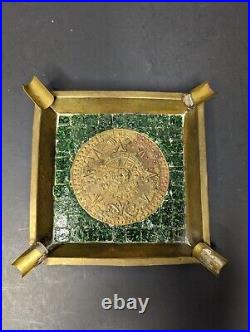 Vtg midcentury brass Mosaic glass tile Mexico cigarette box Aztec ashtray lot