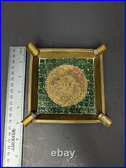 Vtg midcentury brass Mosaic glass tile Mexico cigarette box Aztec ashtray lot